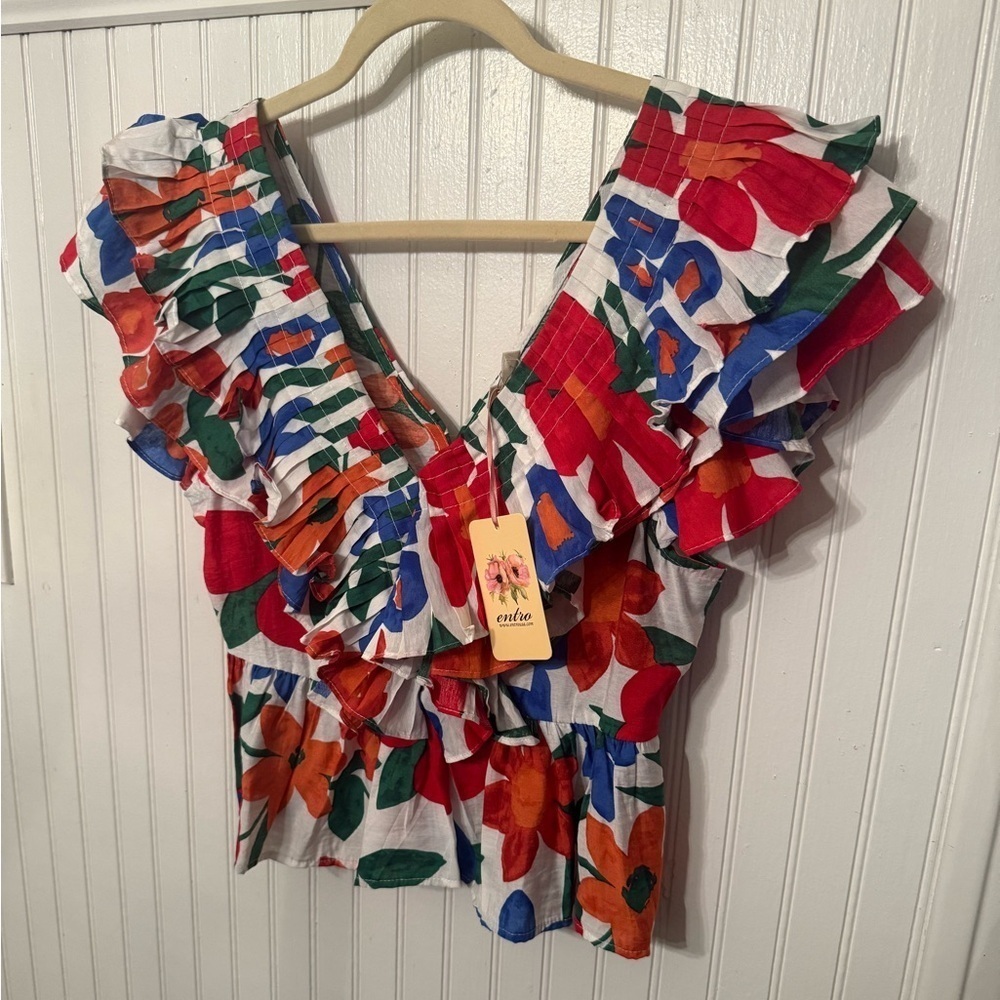 entro Floral Ruffle V-Neck Blouse in White, Red, Orange, Blue, Green - Picture 1 of 5